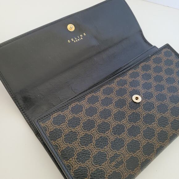 Celine Vintage Trifold Leather Large Wallet Macadam Brown Black Long Logo Design - Picture 3 of 14